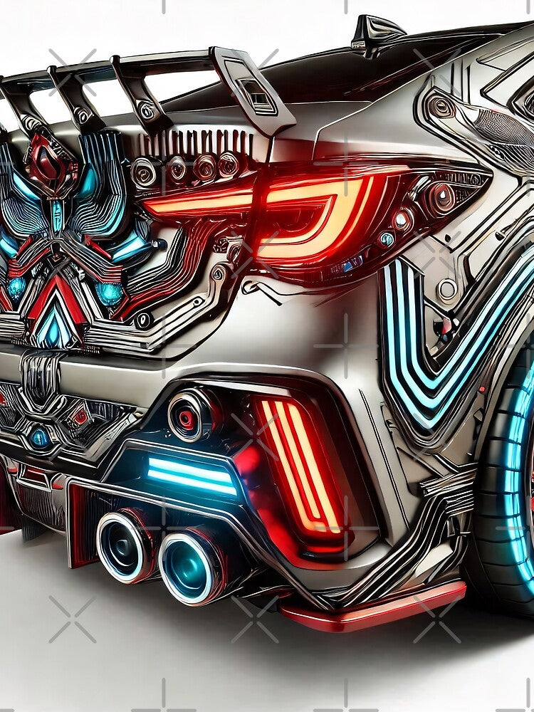 A futuristic car with a sleek design, glowing lights, and intricate mechanical details by homydesign