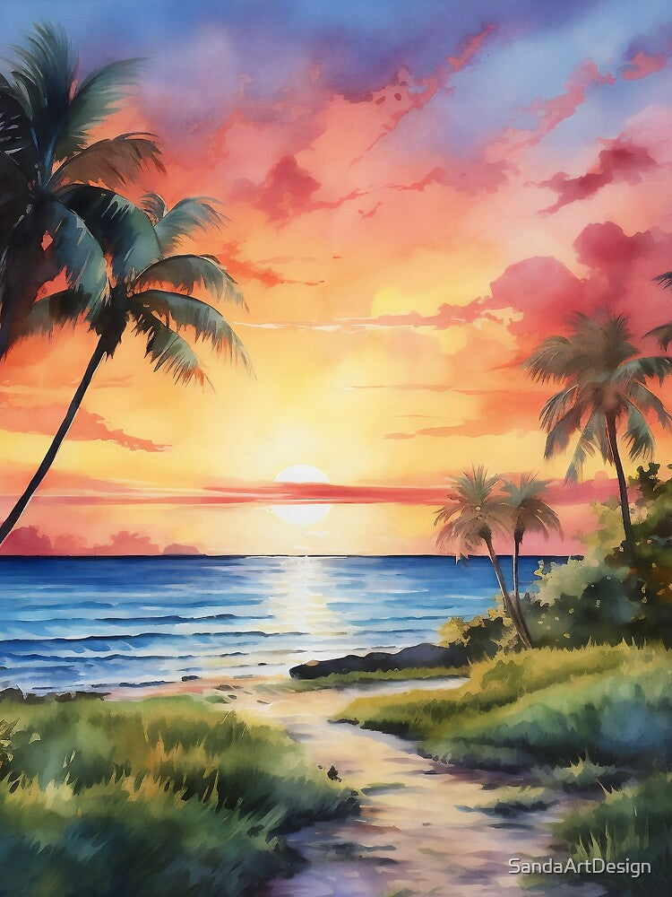 Breathtaking Watercolor Masterpiece Illustration Print on Canvas Ocean Palm Tree by SandaArtDesign
