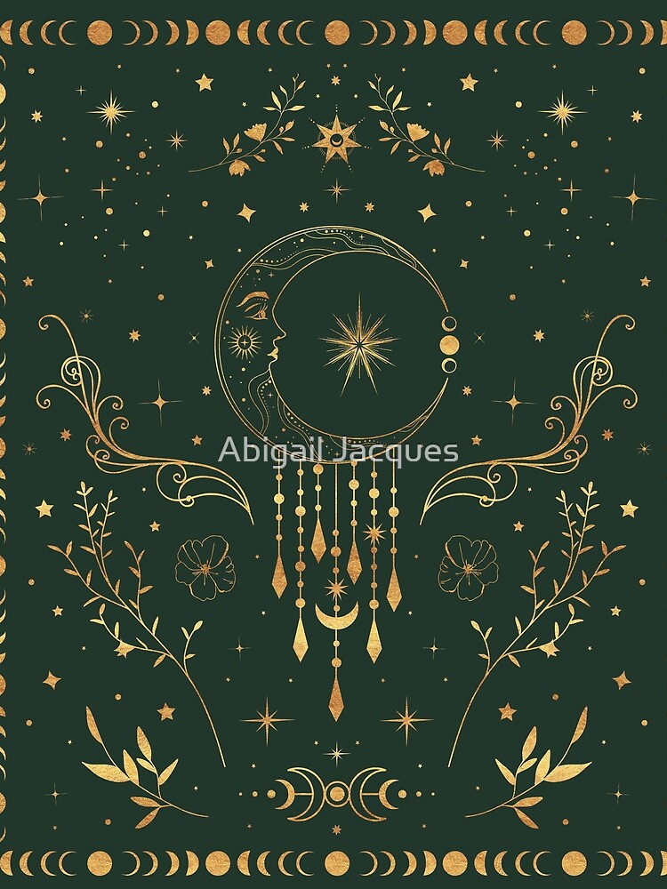 Sage green and gold Celestial crescent moon with floral accents and moon phase tie dye by Abigail Jacques
