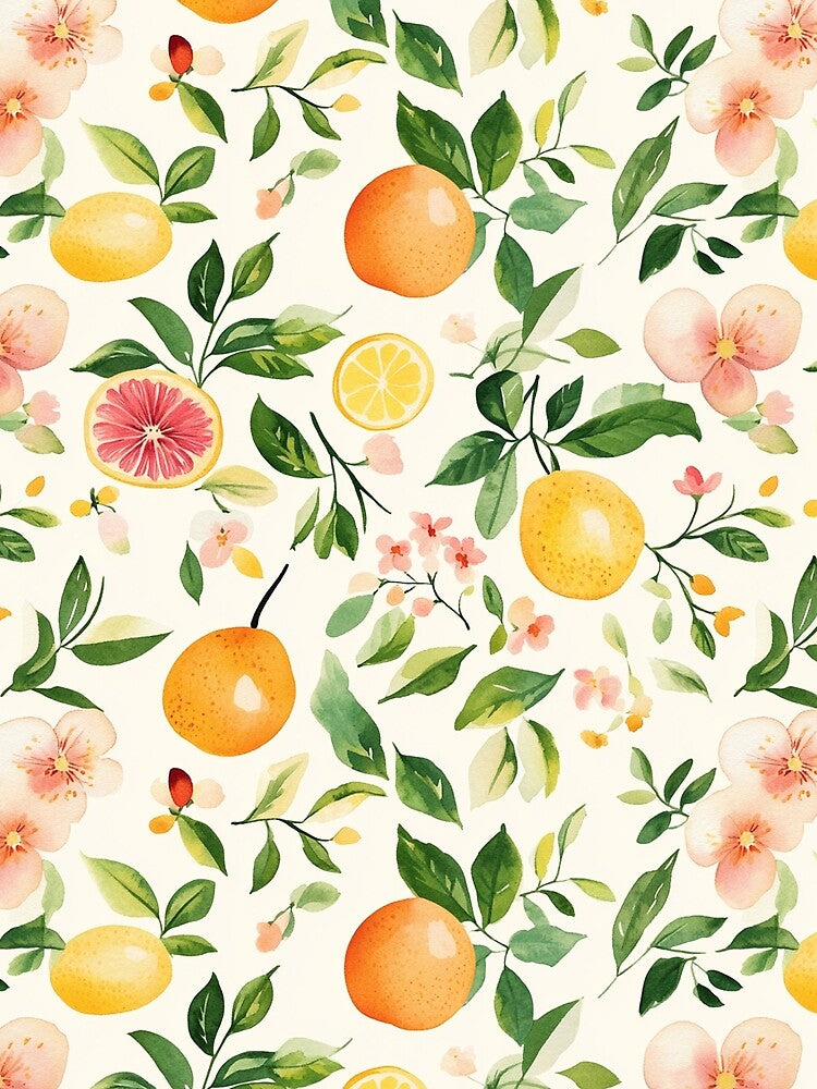 Citrus Fruit Oranges Branches Pink Flowers Watercolor All Over by Feeling Artsy