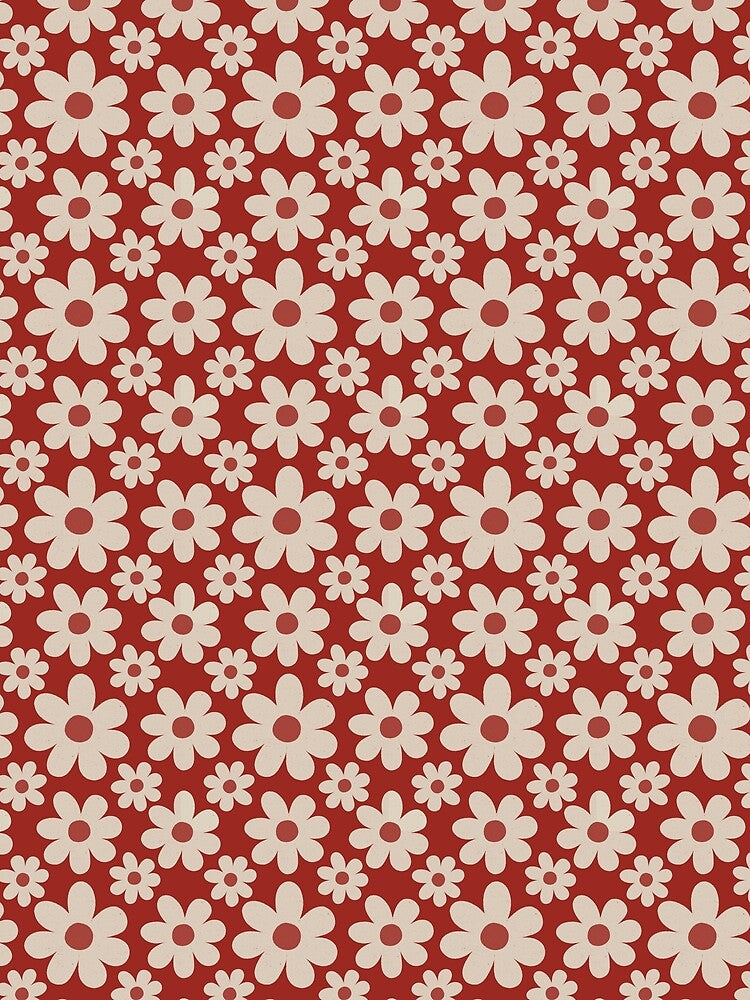 Retro Dark Red Daisy Floral Pattern | Vintage 70s Groovy Burgundy Flowers | Red and Cream Daisy Floral Design | Red and Beige Flowers Botanical | Crimson Daisy Flowers Pattern by VivaFy
