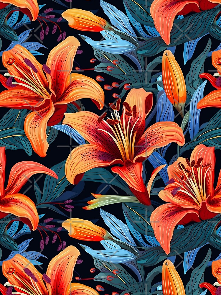 Red and Blue Tiger Lilly Design. All Over Print Repeating Pattern by Image-Caption