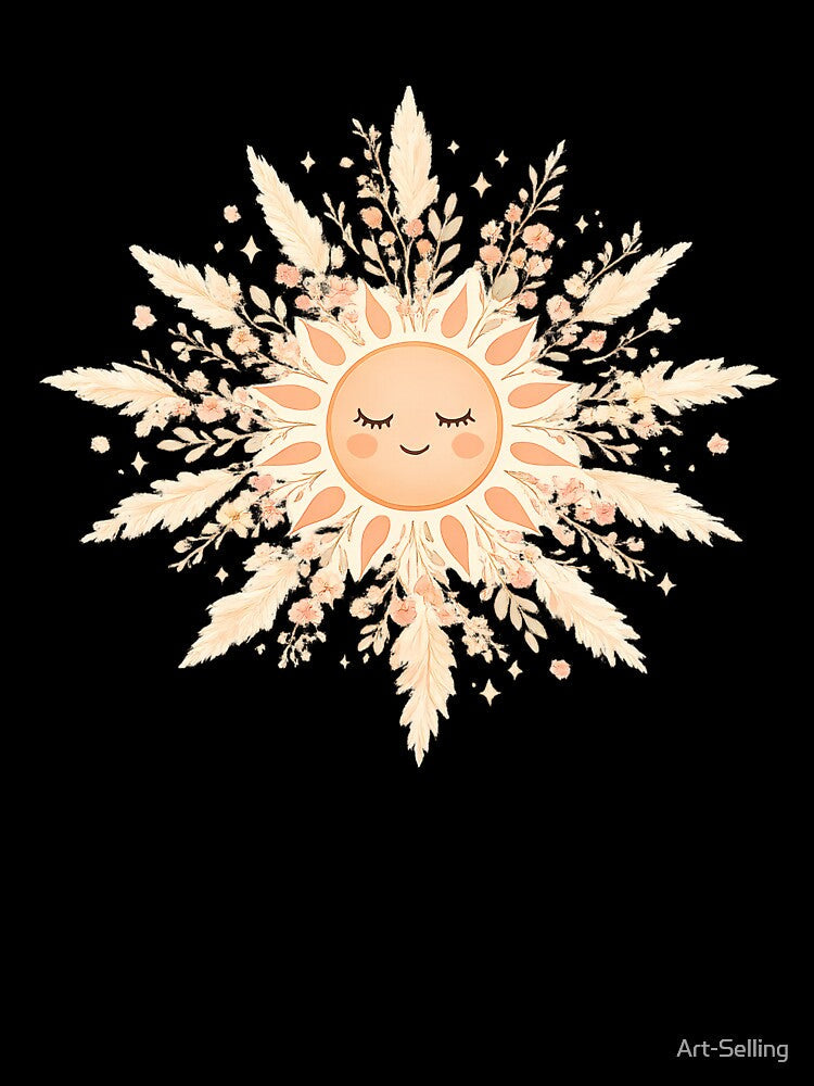 Boho Sun Face with Pampas Grass and Wildflowers — Celestial Floral Art by Art-Selling Unisex