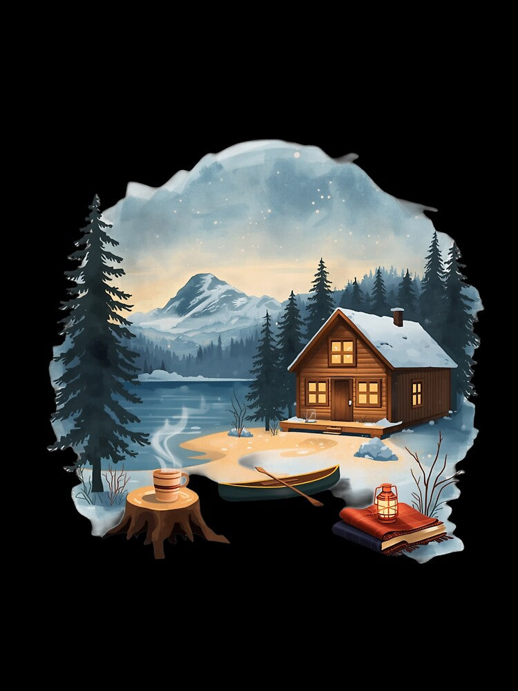 Cozy Cabin Snowy Lake PNG | Hygge Winter Forest Illustration | Mug Sublimation Design by Ashley critters