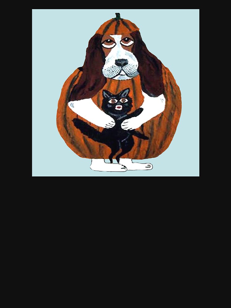 Basset Hound in Pumpkin Costume with Black Cat by Squirreldumplings