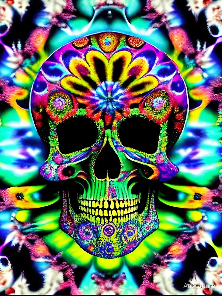 Skull Tie Dye Psychedelic Trippy Rainbow Festival Hippie Neon by Anticulture
