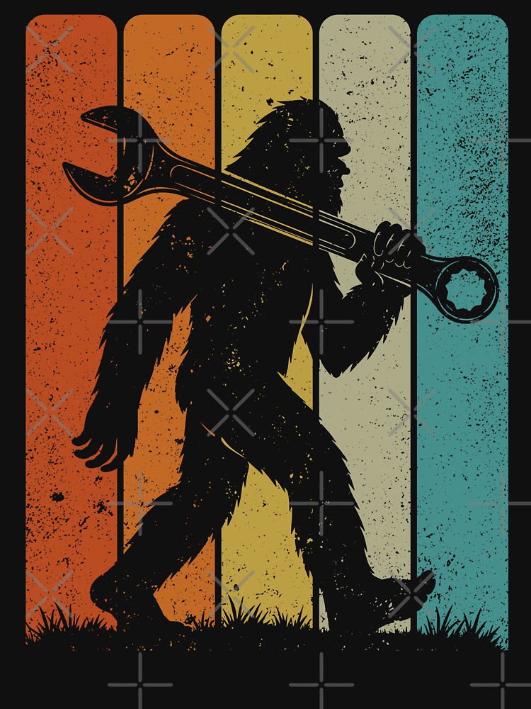 Bigfoot Mechanic - Retro Sasquatch carrying a Giant Combination Wrench by gunaone-design