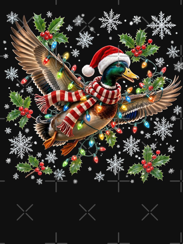 Flying Mallard Duck Santa Hat Christmas Lights Wildlife by CF_VintageDesign