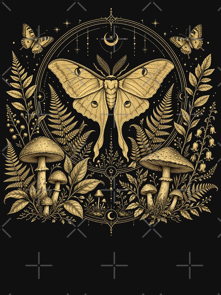 Celestial Gold Luna Moth Botanical Mushroom Aesthetic by CF_VintageDesign