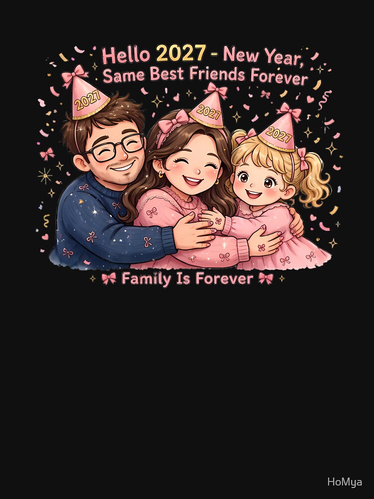 Hello 2027 - New Year Same Best Friends Forever Family Cartoon - Coquette Pink Bow Family by HoMya