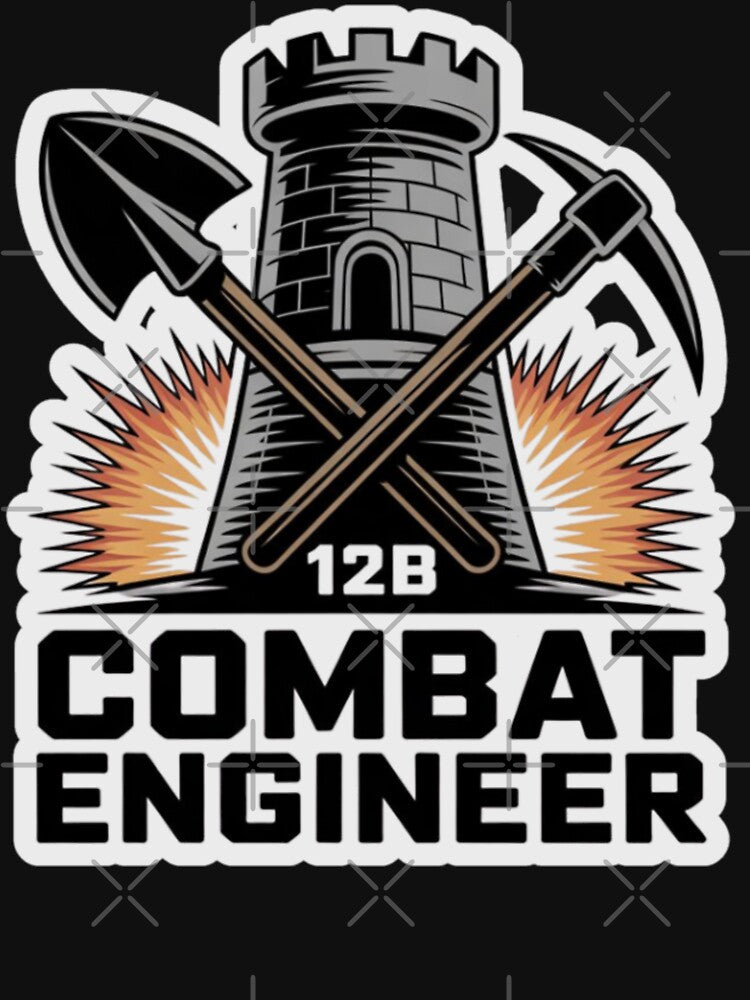 12B Combat Engineer — Castle Tower Emblem with Shovel, Pickaxe, and Explosive Burst U.S. Army MOS Graphic White Outline by GFamilyC