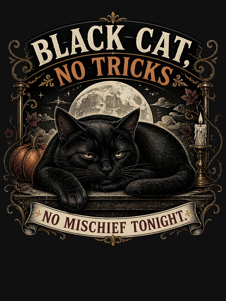 BLACK CAT, NO TRICKS No Mischief Tonight Halloween Gothic Engraving by BernoNickel