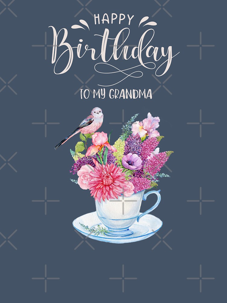 Happy Birthday Grandma - Floral - Bird by patternjp