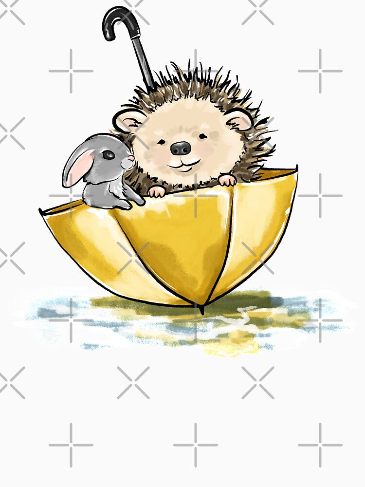 Cute Hedgehog and Bunny Friends Rain Illustration Woodland Animals by CreativeBu