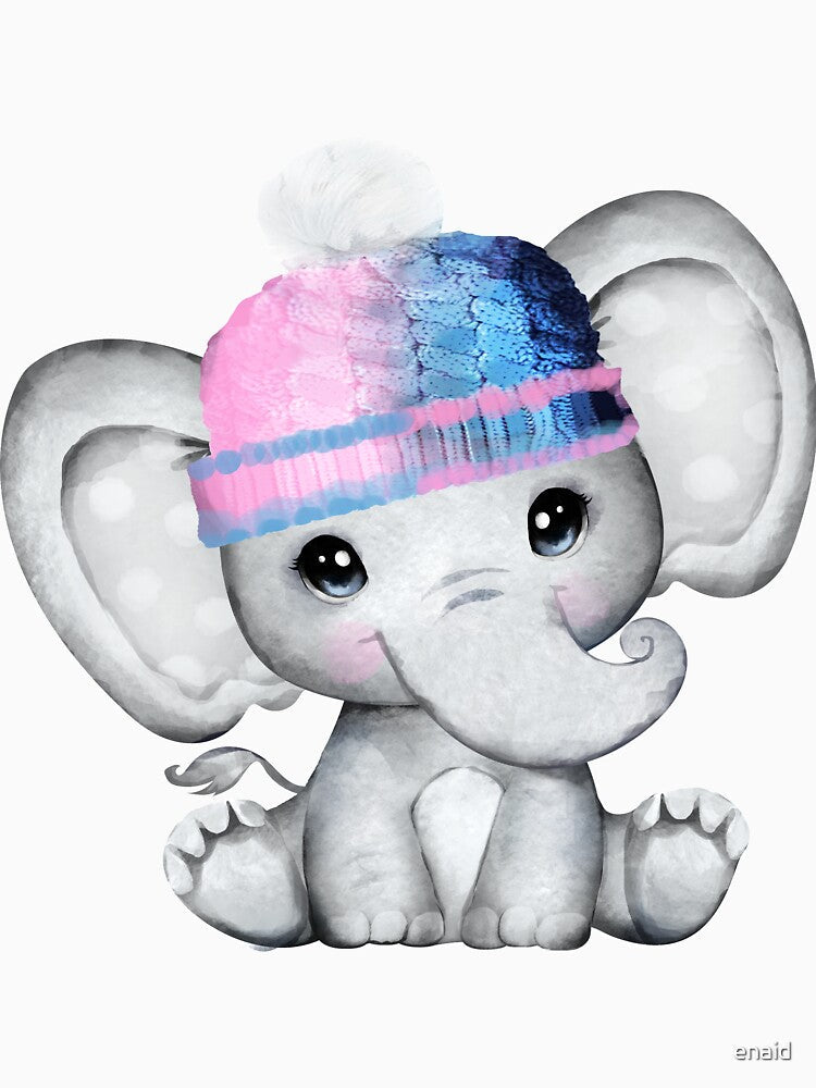 Cute elephant in pink and blue hat by enaid Unisex