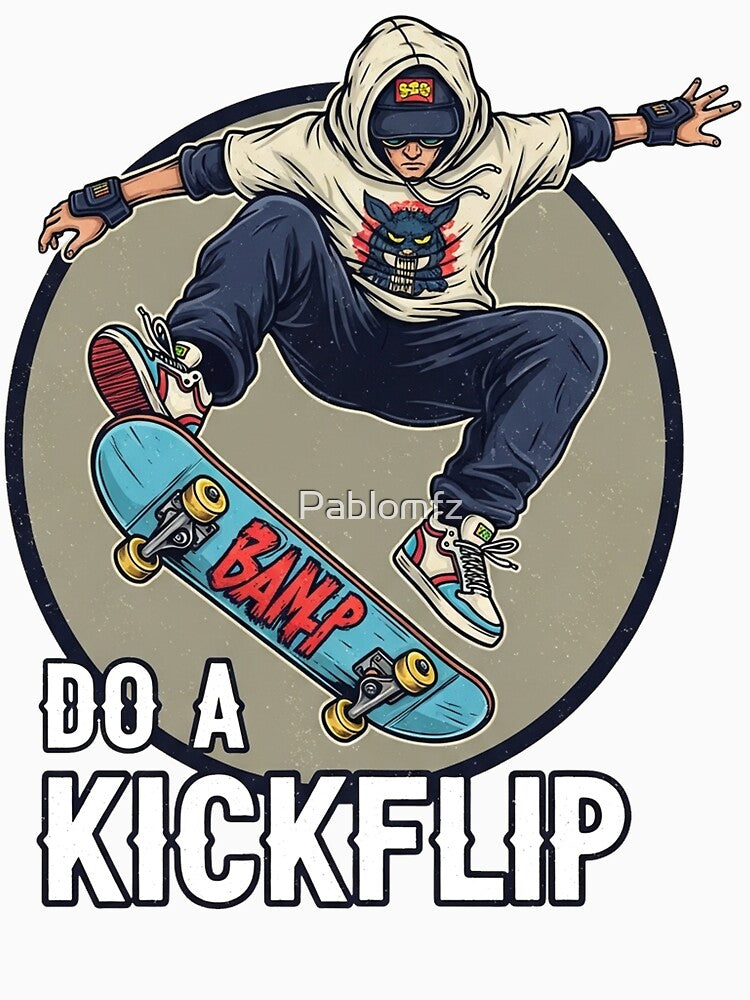 Skate and Destroy Kickflip – Edgy Skater Cartoon Design by Pablomfz Unisex