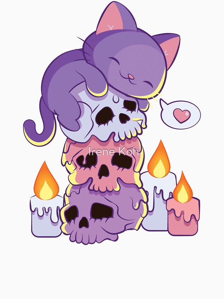 Purple Cat on Skulls Creepy Cute Aesthetic Anime Kawaii Pastel Goth by Irene Koh Unisex