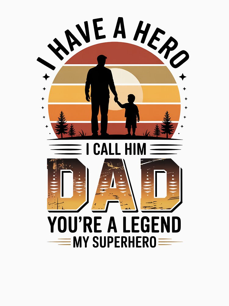 Father's Day Design - Retro Sunset Dad-Son Silhouette, 'DAD You're a Legend My Superhero' - Father's Day by KMMODERNDESIGNS