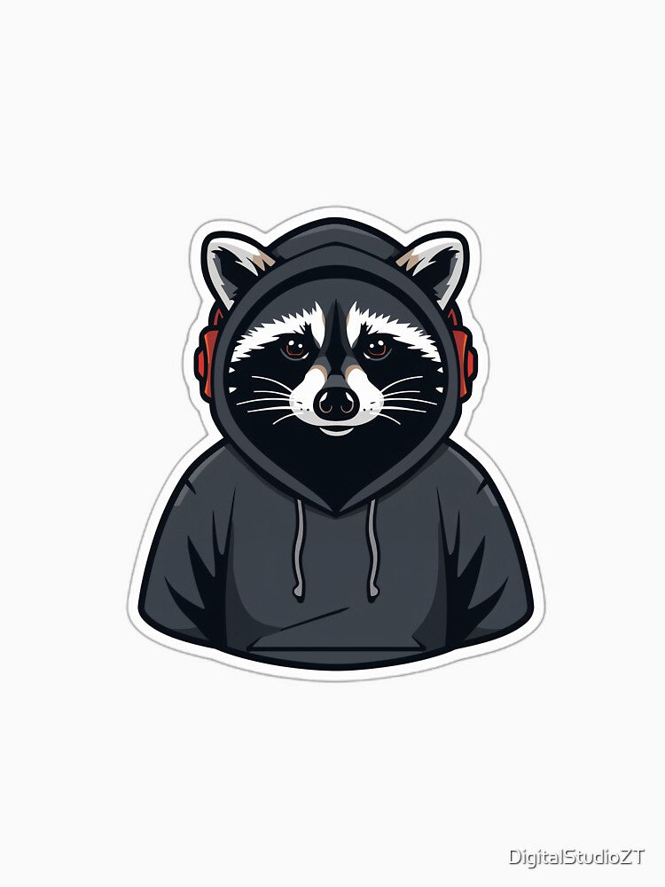 Cool Raccoon Wearing Hoodie and Headphones Sticker Illustration by DigitalStudioZT