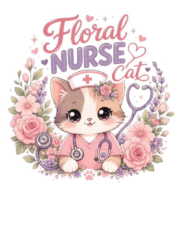 Floral Cat Nurse | Cute Kawaii Nurse Cat T-Shirt | Cat Lover RN Gift by 1PRINTORA1
