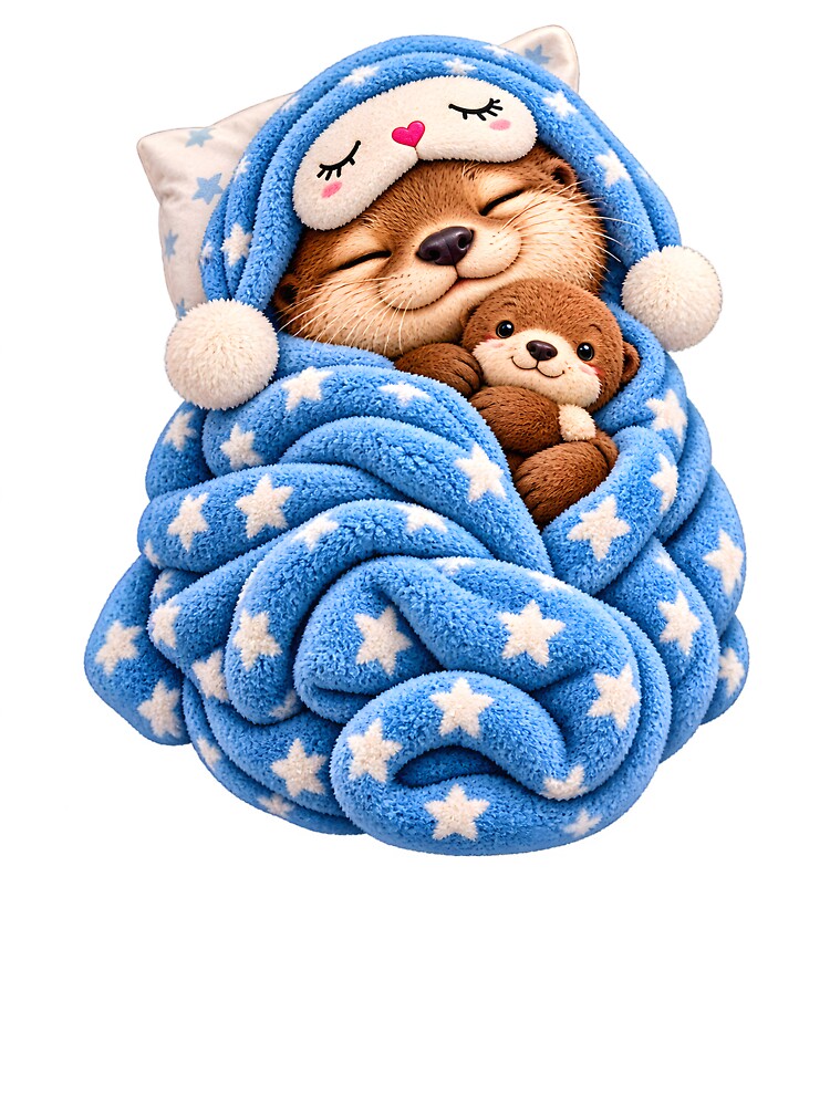 Sleepy Cozy Otter with Blue Star Blanket by TinyWeird