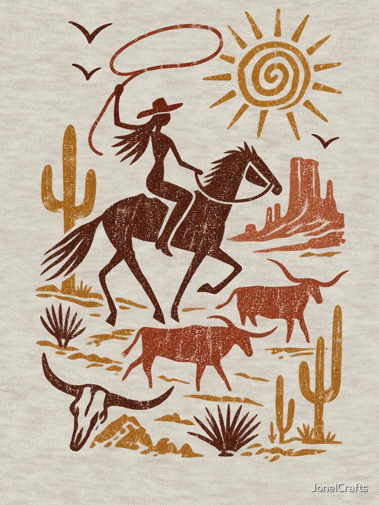 Vintage Primitive Cowgirl Western Petroglyph Horse & Cattle Desert Art by JonelCrafts