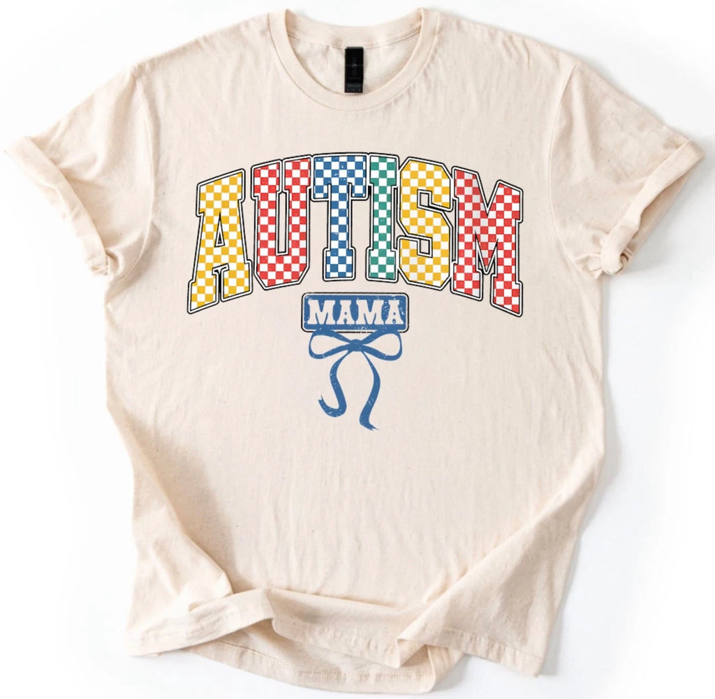 Autism Mama Checkered Bow Retro Awareness Varsity Unisex T-Shirt