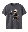 Retro Skeleton Holding Black Cat T-Shirt Funny Meh Coffee Graphic Tee