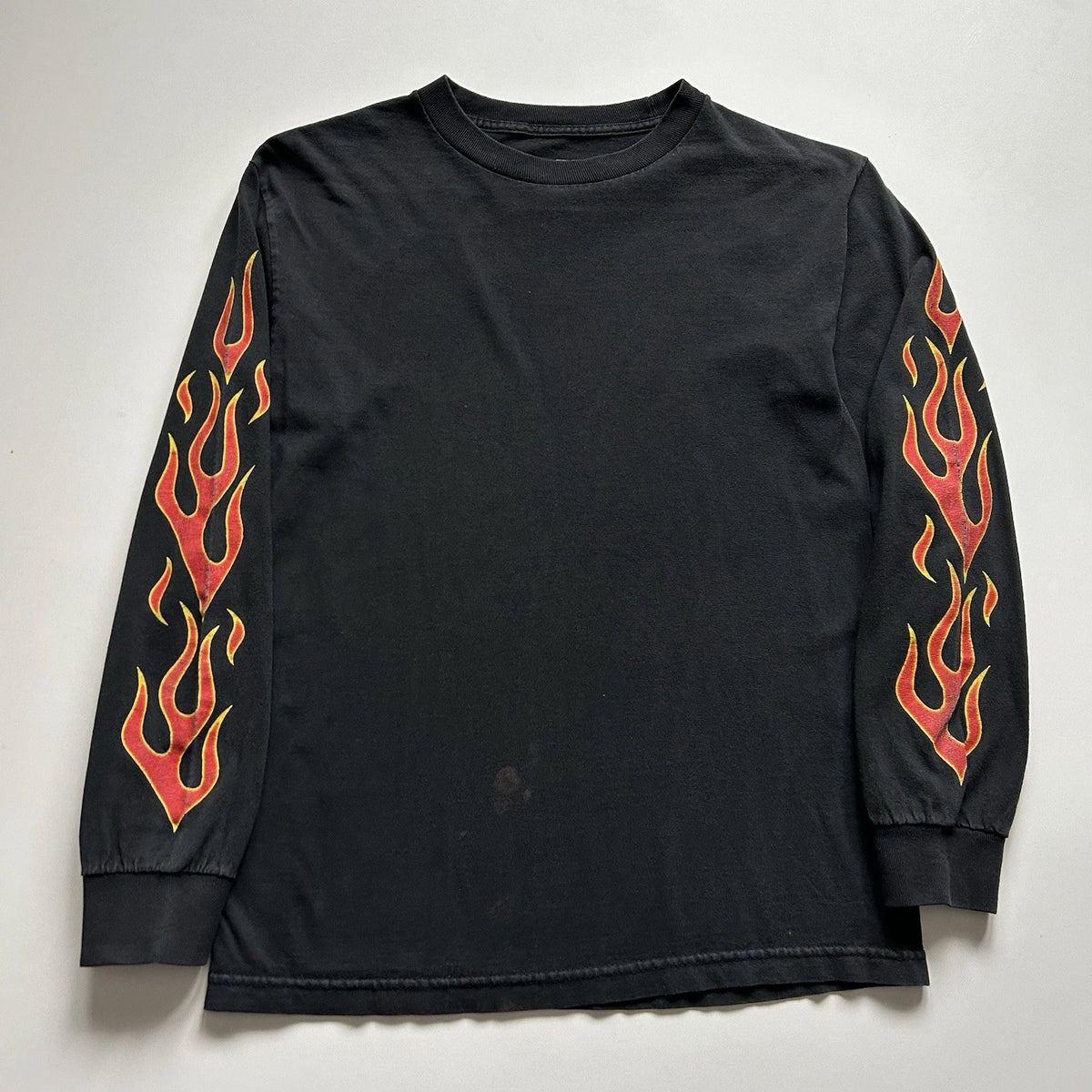 Vintage Y2K Long Sleeve T-Shirt Flames Fire Graphic Faded Black Mens Small Rare
