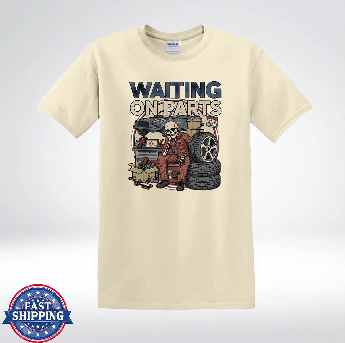 Waiting On Parts Funny Mechanic Skeleton Auto Repair Garage T-Shirt