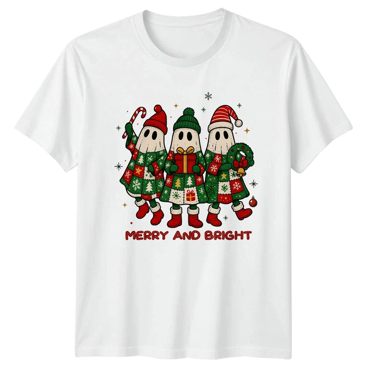 Merry And Bright Christmas Ghosts Holiday Mens T-Shirt Womens Graphic Tee