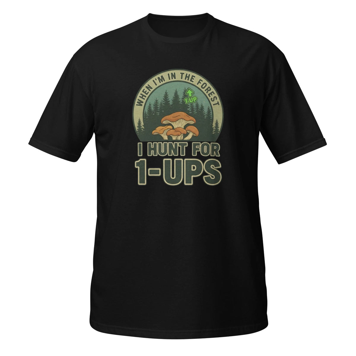 Funny Mushroom Gamer T-Shirt Forest 1-Up Hunting Retro Video Game Nature Tee