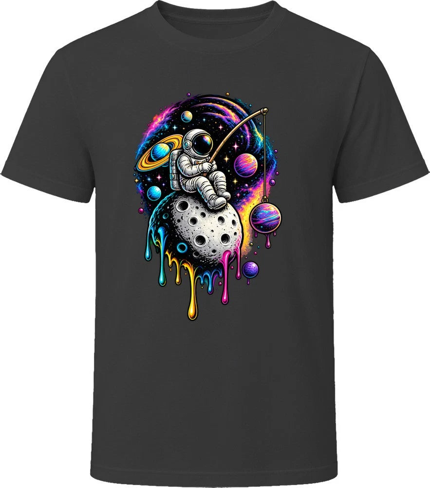 Surreal Cosmic Astronaut Fishing on a Neon Moon Landscape T Shirt