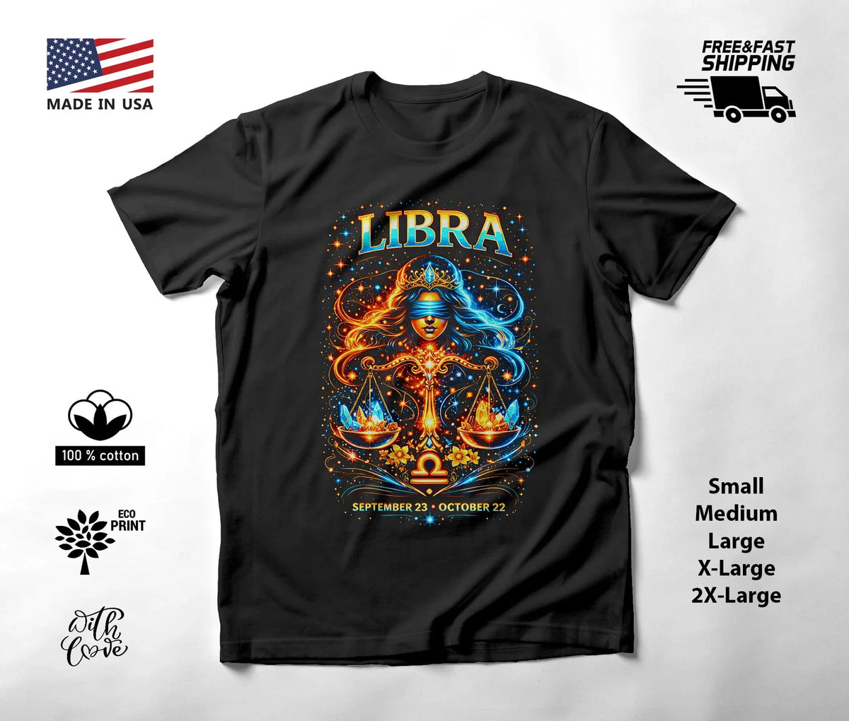 Libra Crystal Scales Portrait Zodiac T-Shirt Black Unisex