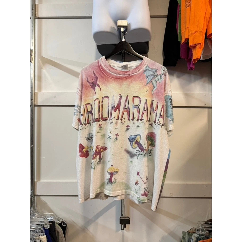 Size XL - 90s Shroomarama Vintage Alien Mushroom All Over Print Art Tee Shirt