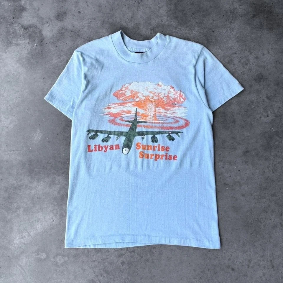 Vintage 80s Libyan Sunrise Surprise War T-shirt Bomber Nuke Mushroom Cloud Blue