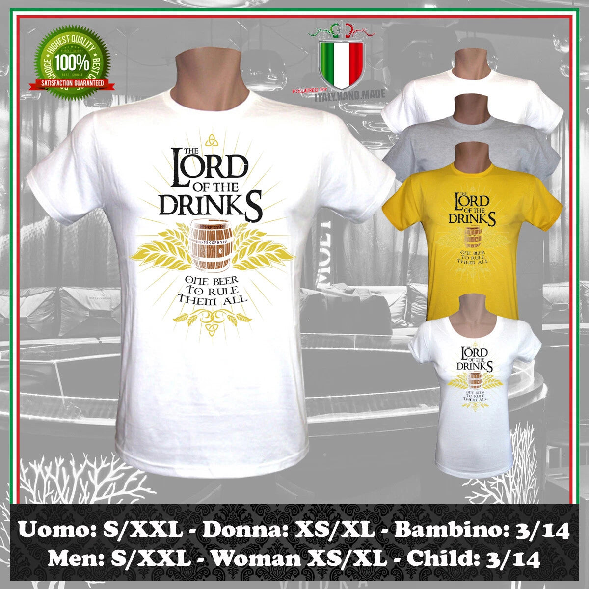 LORD OF THE DRINKS BEER BARTENDER GENTLEMAN RINGS T-SHIRT MEN WOMEN CHILD