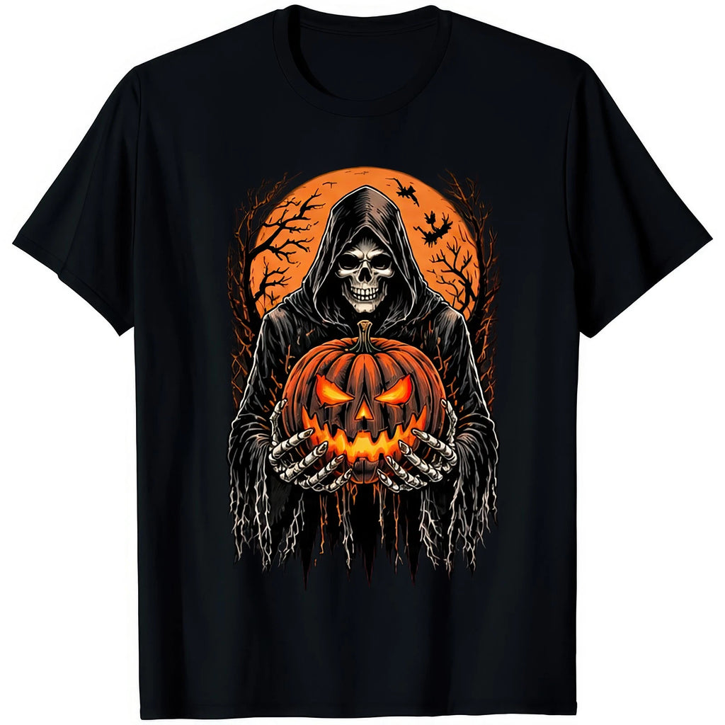 Reaper Holding Glowing Pumpkin Grim Skeleton Halloween Lantern Gothic T Shirt