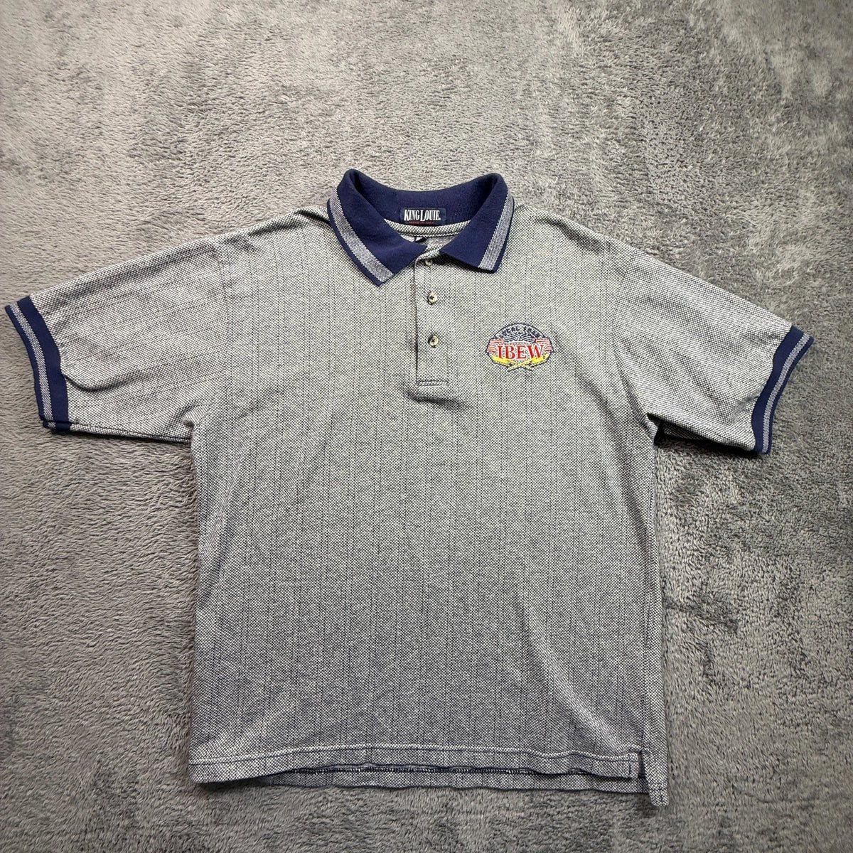 Vintage IBEW Electrician Collared Shirt USA Mens L Knit King Louie Blue Gray