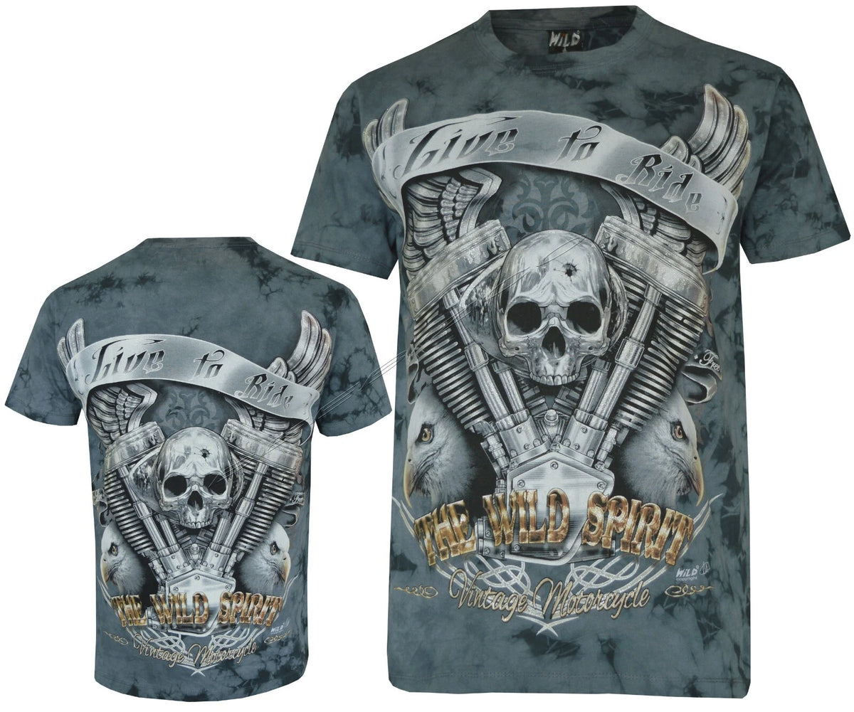 Tie Dye T-Shirt Skull Engine Live to Ride THE WILD SPIRIT Glow in Dark by Wild