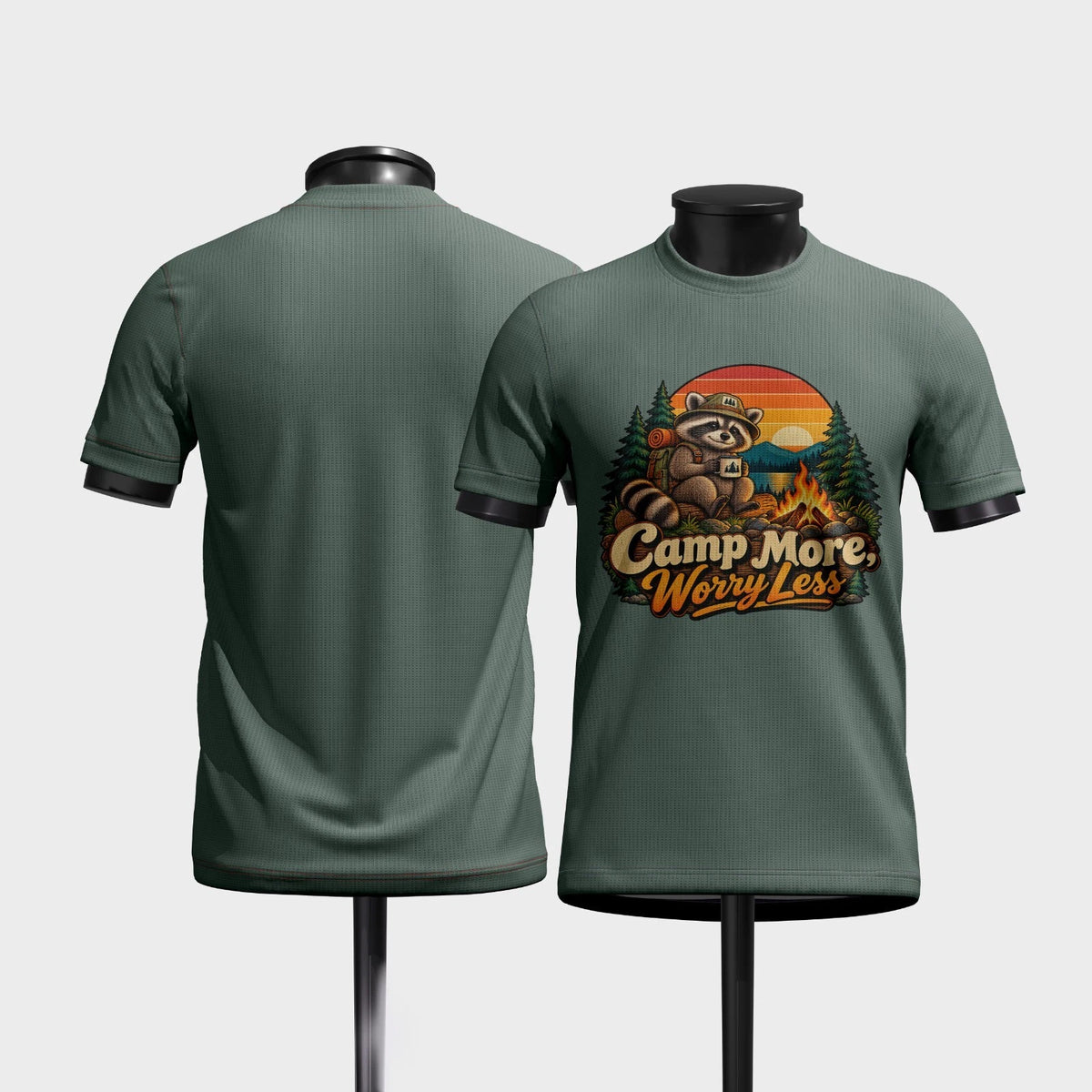 Camp More Worry Less Raccoon Camping Graphic T-Shirt Outdoor Adventure Tee