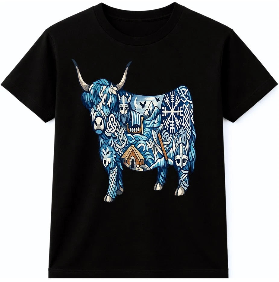 Norse Mythology Highland Cow Viking Longship Compass Runes Casual Outfit Tee.