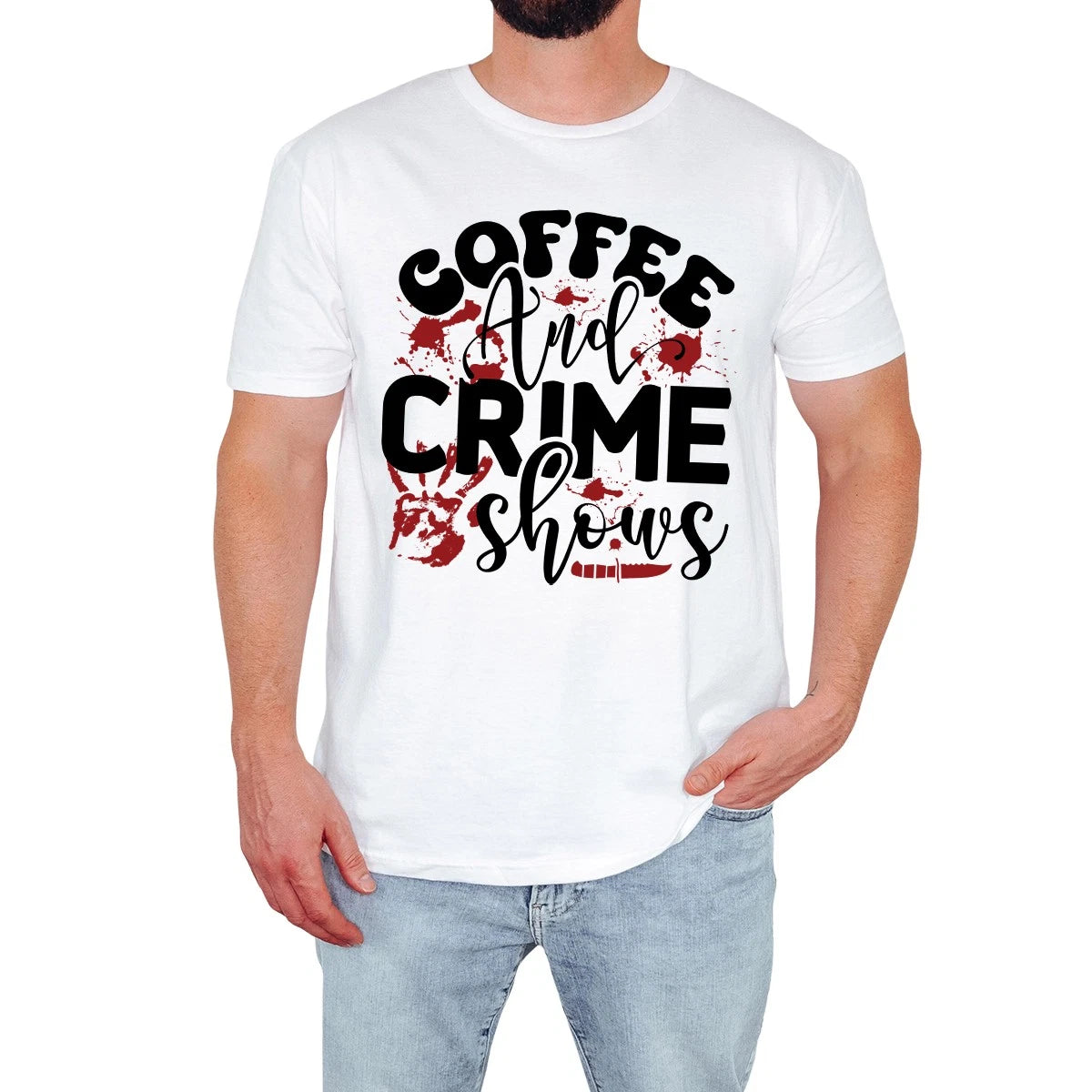 Coffee And Crime Shows Mens T-Shirt Dark Humour True Crime Coffee Lover Gift