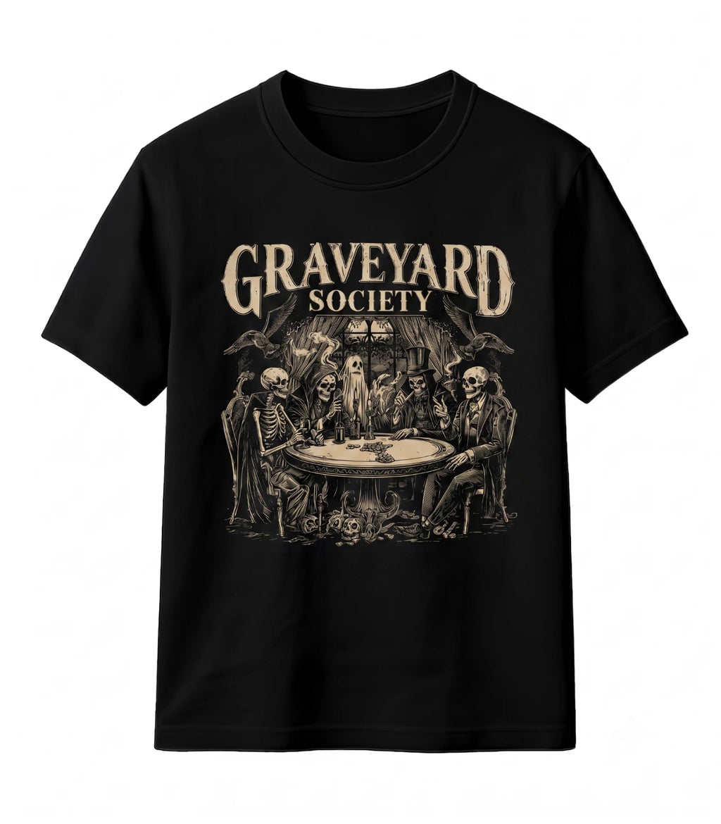 Graveyard Society Skeleton Poker Shirt Gothic Tee Vintage Halloween Graphic