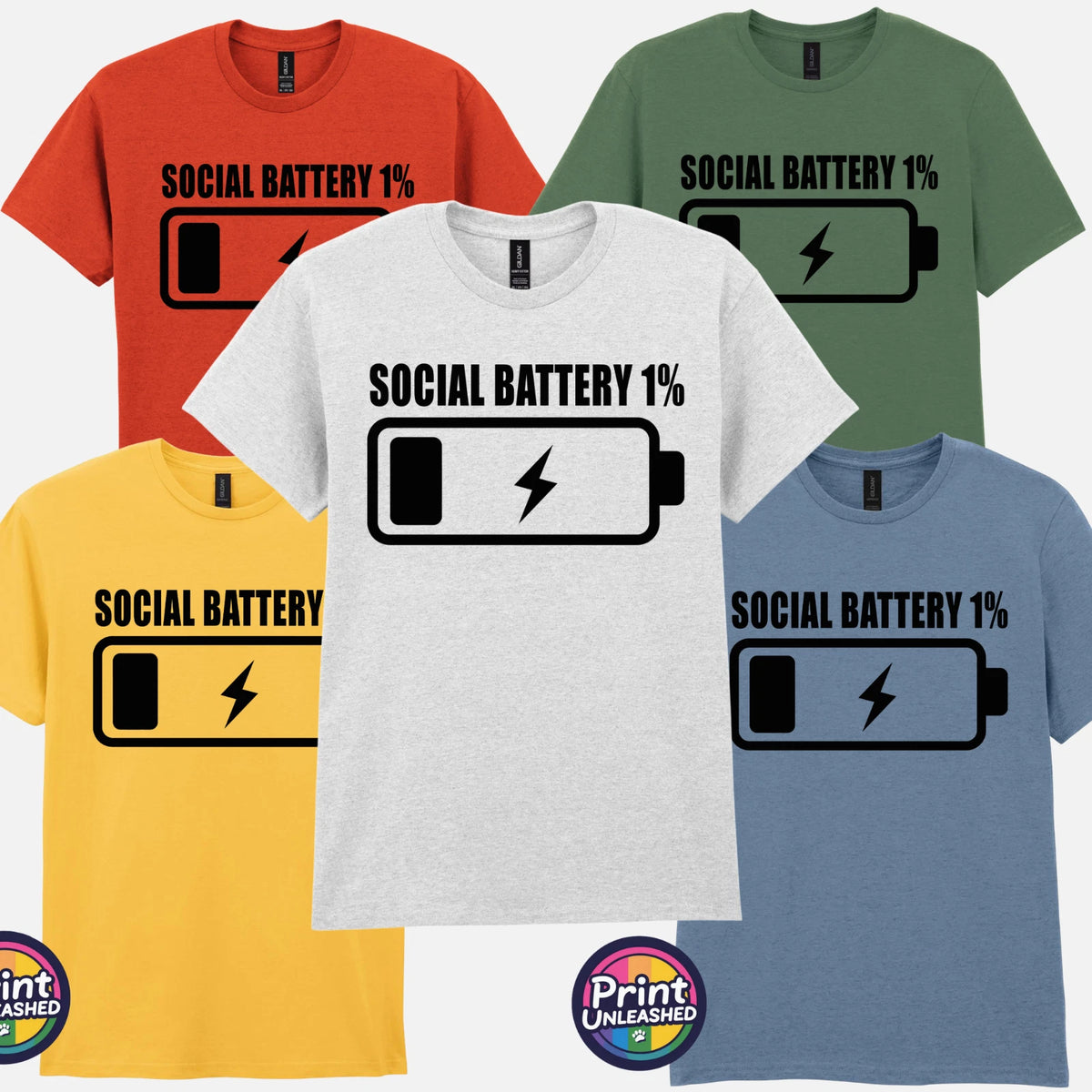 Funny Tee Social Battery 1% T-Shirt Unisex S-2XL Anxiety Humour Slogan Top Gift