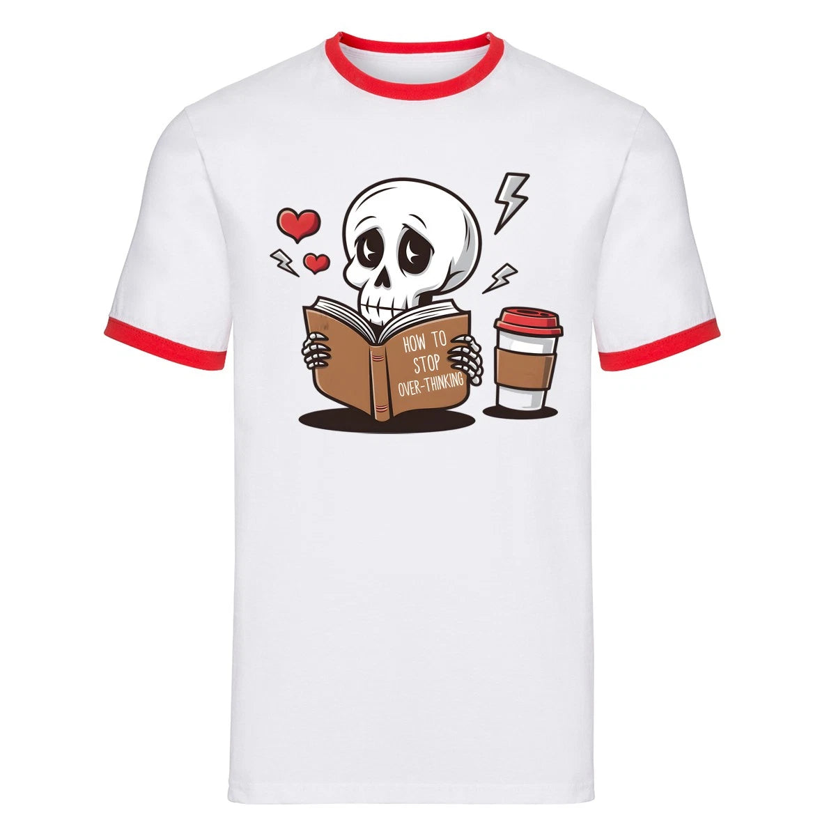 Cartoon Skull Ringer T-Shirt How To Stop Overthinking Coffee Book Lover Gift