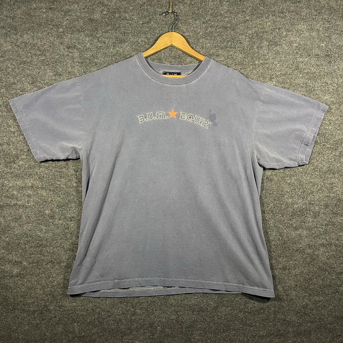Vintage 90s BUM Equipment T-Shirt XL Big Logo Spell Out Distressed Blue Faded