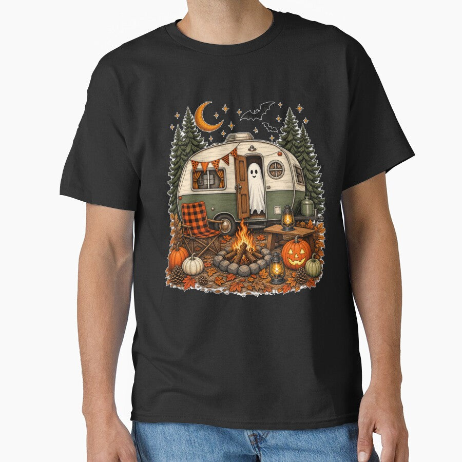 Halloween Camping Ghost Vintage Camper Fall Pumpkin Autumn Pullover by Jone Cham