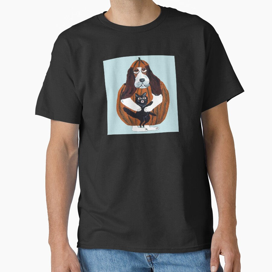 Basset Hound in Pumpkin Costume with Black Cat by Squirreldumplings