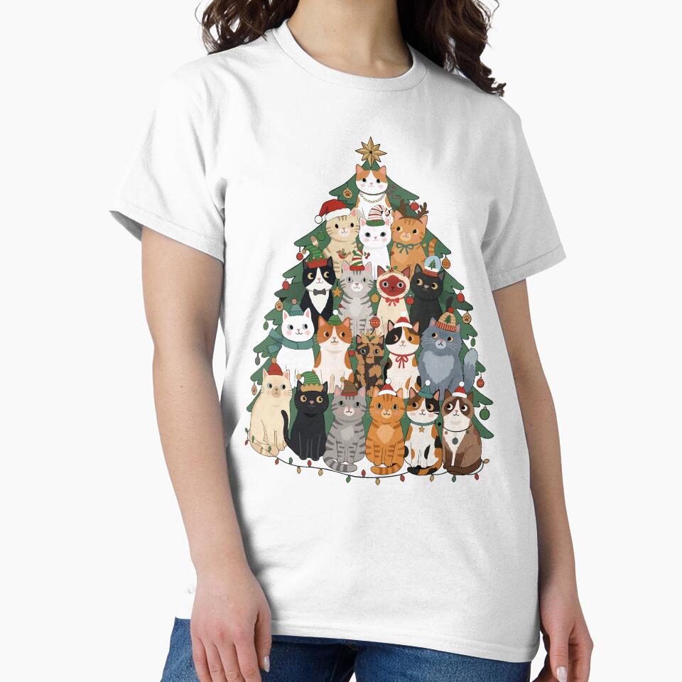 Christmas Cat Tree Full of Festive Feline Friends by FreshVibe Prints